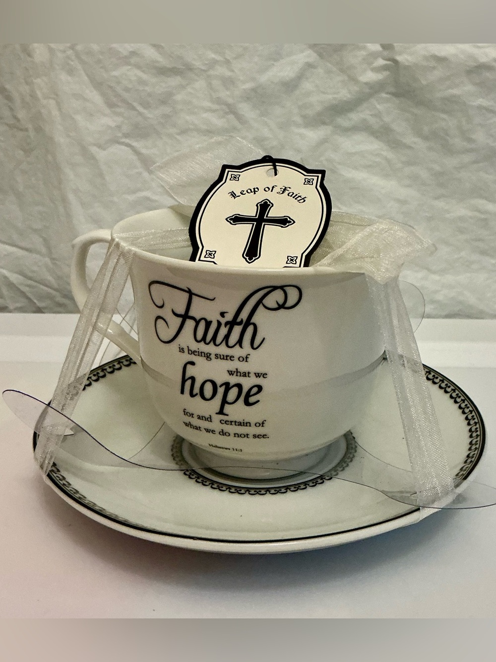 NEW- Ivory Faith Inspirational Teacup & Saucer Gift Set | Scripture Tea Cup
